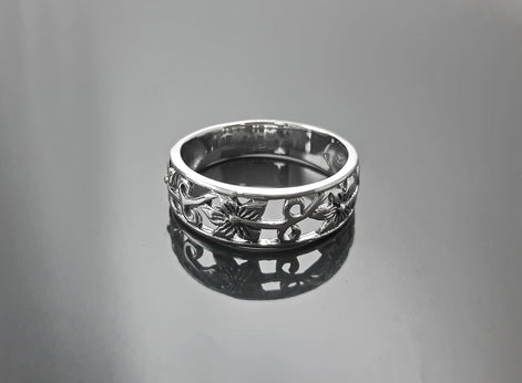 Sterling Silver Floral Blossom Ring, Boho Open Band Stacking Jewelry