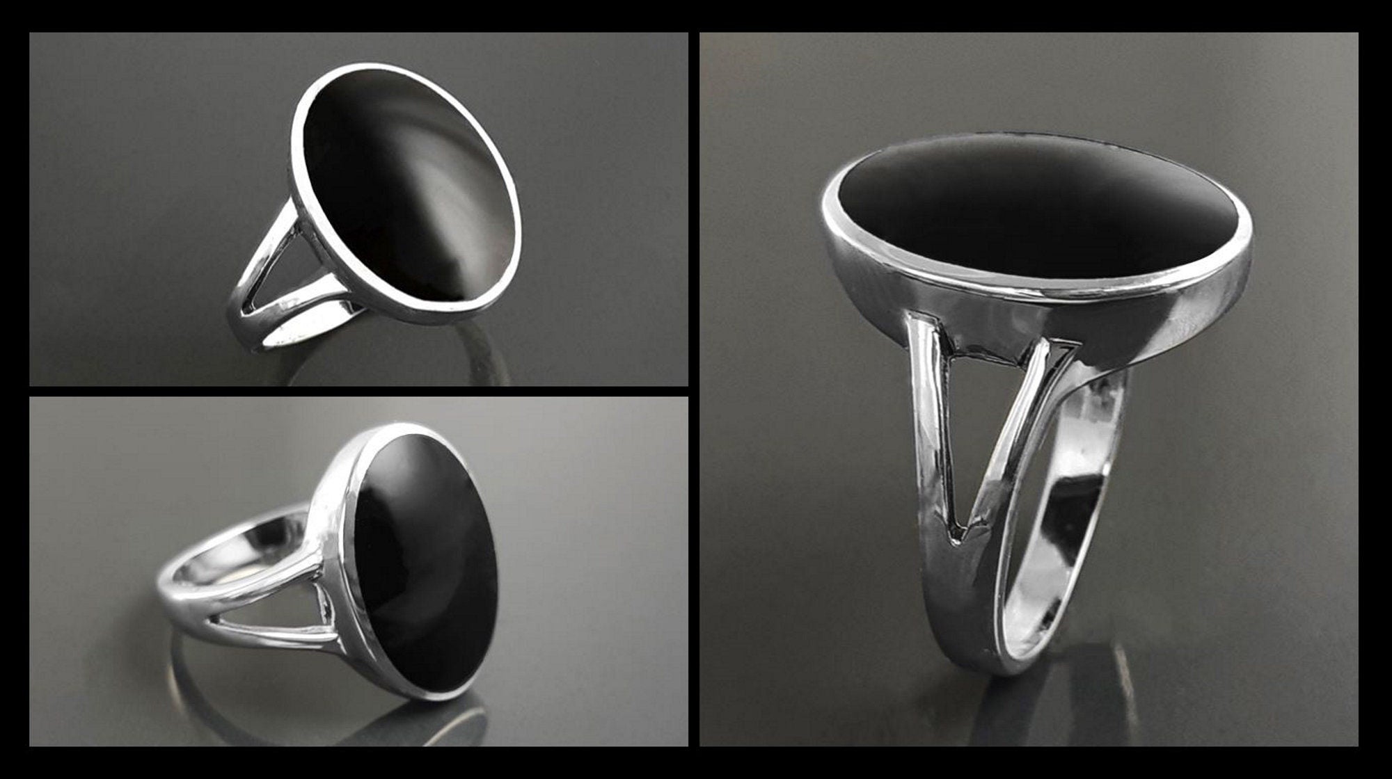 925 Oval Black Ring, Sterling Silver Ring Flat Oval Stone, Genuine Onyx Gemstone, Small Everyday Ring, Modern Ring, Minimalist Ring