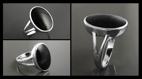 925 Oval Black Ring, Sterling Silver Ring Flat Oval Stone, Genuine Onyx Gemstone, Small Everyday Ring, Modern Ring, Minimalist Ring
