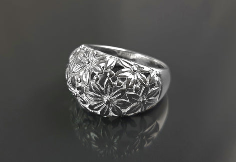 Daisy Flower Ring, Sterling Silver, Daisies Country Flowers Filigree Ring, Blossom Floral, Spring Summer Bloom Ring, Nature Jewelry