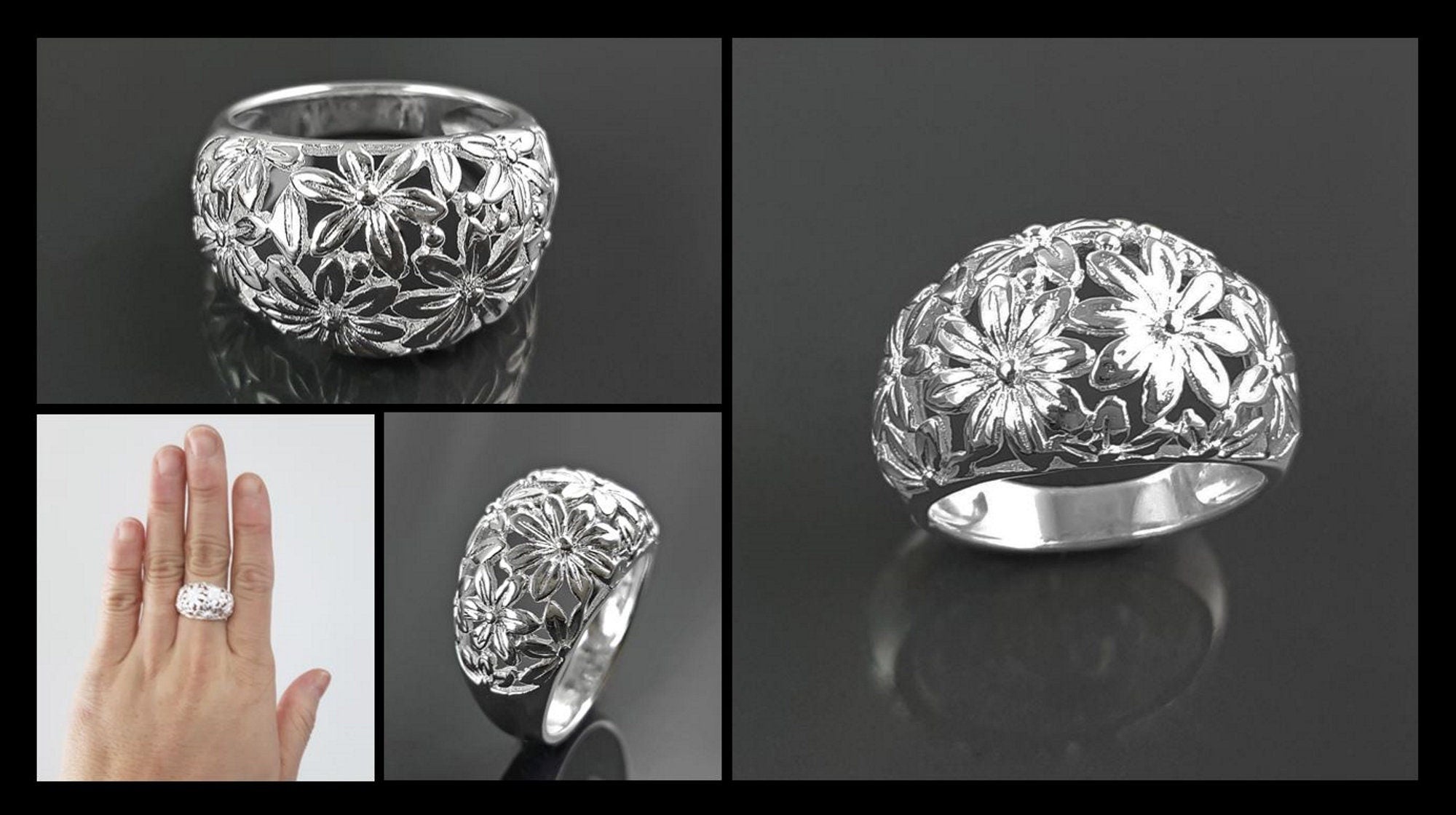Daisy Flower Ring, Sterling Silver, Daisies Country Flowers Filigree Ring, Blossom Floral, Spring Summer Bloom Ring, Nature Jewelry