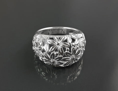 Daisy Flower Ring, Sterling Silver, Daisies Country Flowers Filigree Ring, Blossom Floral, Spring Summer Bloom Ring, Nature Jewelry