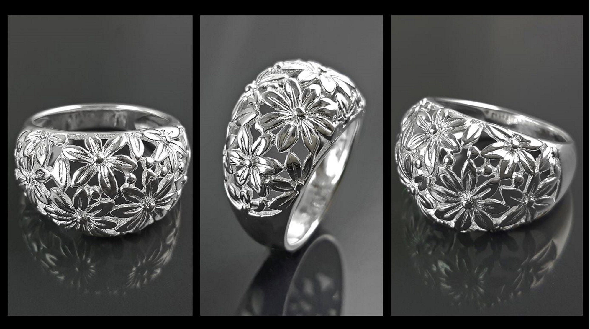 Daisy Flower Ring, Sterling Silver, Daisies Country Flowers Filigree Ring, Blossom Floral, Spring Summer Bloom Ring, Nature Jewelry