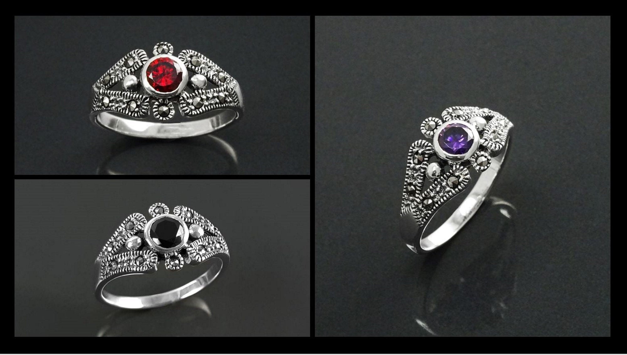 Art Deco Sterling Silver Garnet Marcasite Ring, Vintage Reissue Jewelry