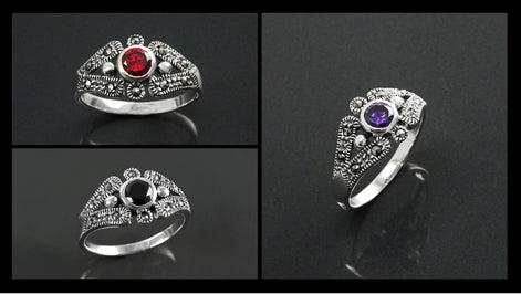 Art Deco Sterling Silver Garnet Marcasite Ring, Vintage Reissue Jewelry