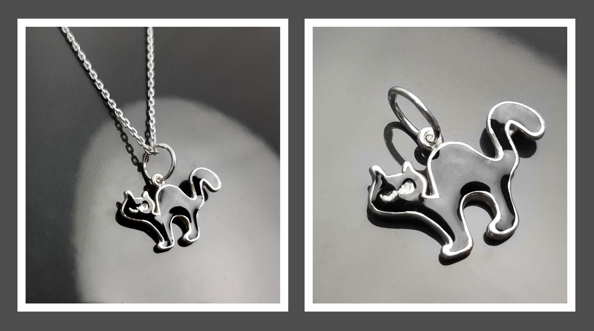 Sterling Silver Black Cat Pendant Necklace, Halloween Witchy Jewelry