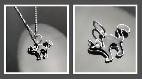 Sterling Silver Black Cat Pendant Necklace, Halloween Witchy Jewelry