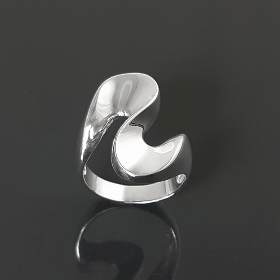 Large Wave Ring, Sterling Silver Ring Wide Curved Zigzag Design, Modern Minimalist Geometric Jewelry