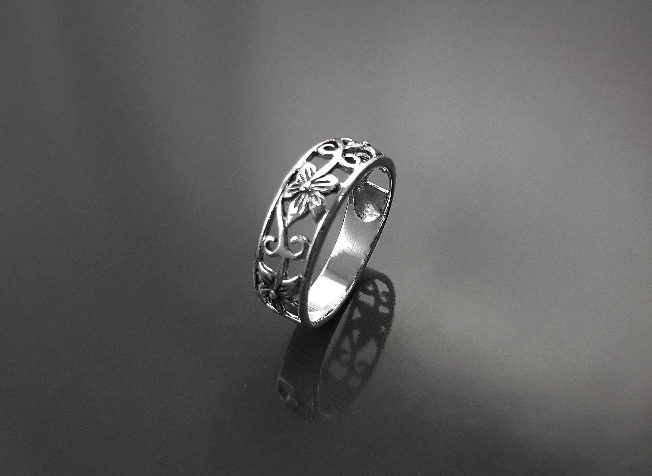 Sterling Silver Floral Blossom Ring, Boho Open Band Stacking Jewelry