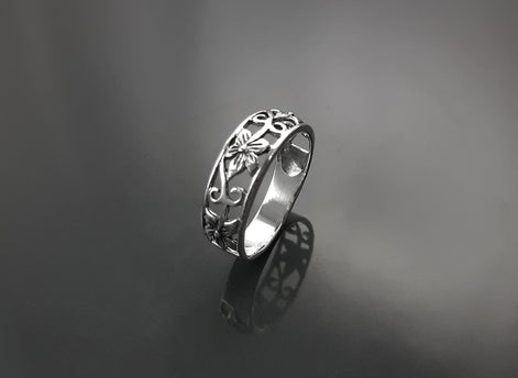 Sterling Silver Floral Blossom Ring, Boho Open Band Stacking Jewelry