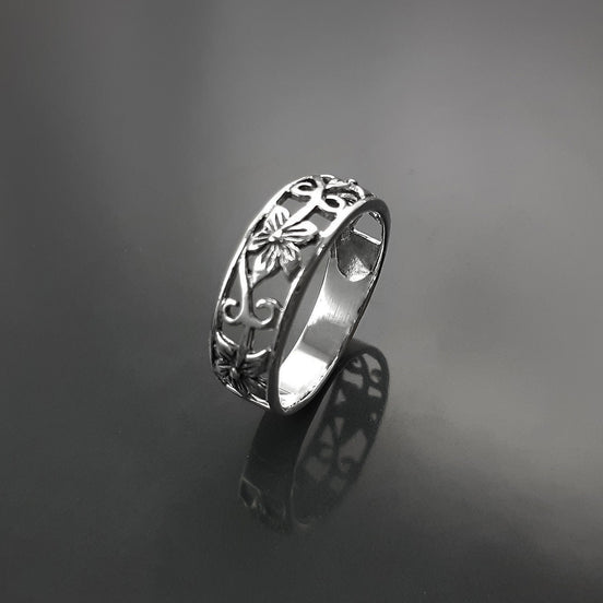 Sterling Silver Floral Blossom Ring, Boho Open Band Stacking Jewelry