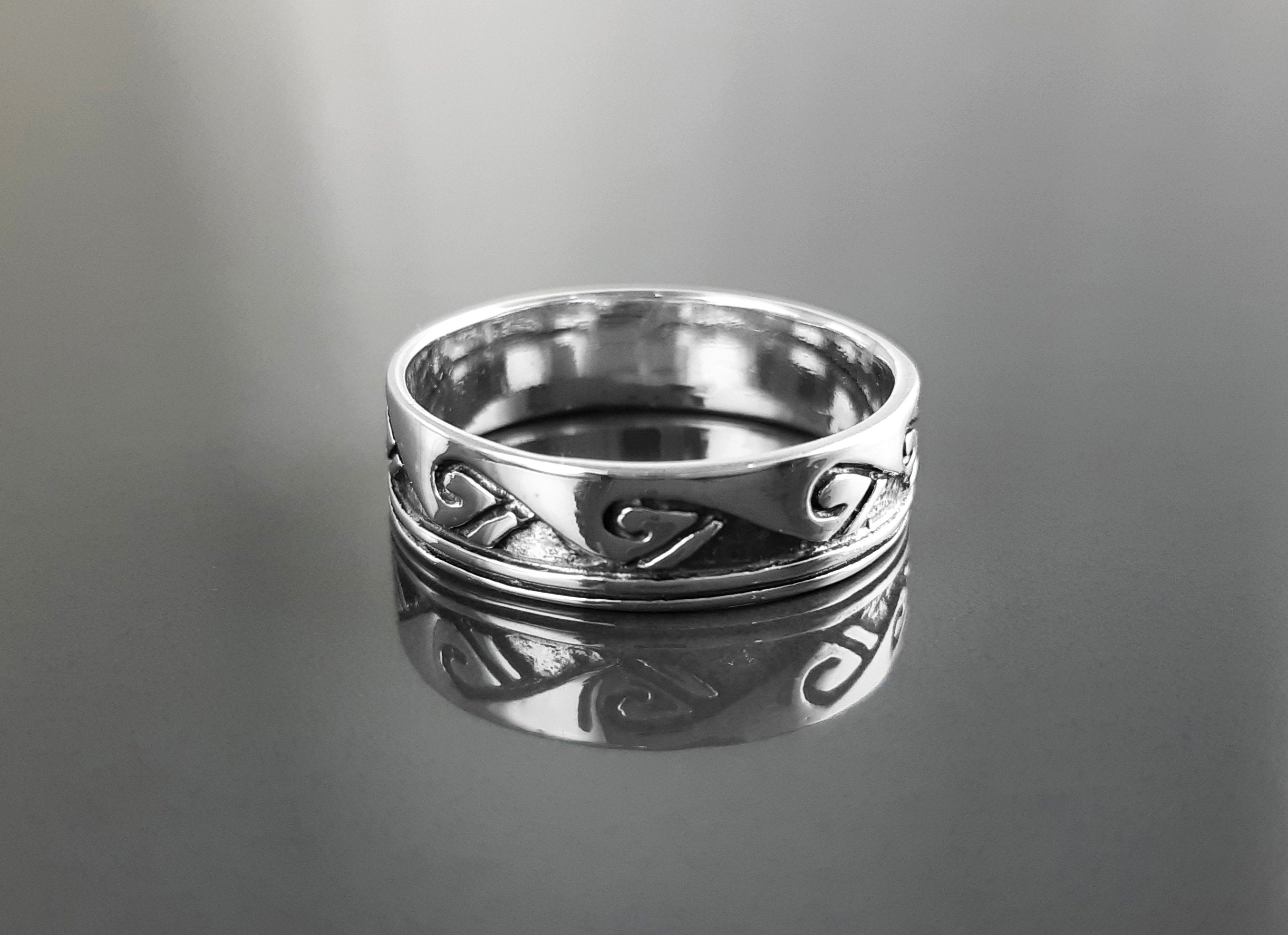 Tribal Wave Ring, Sterling Silver, Surfer Beach Band, Carved Ocean Waves Pattern, Unique Ocean Jewelry, Unisex ring
