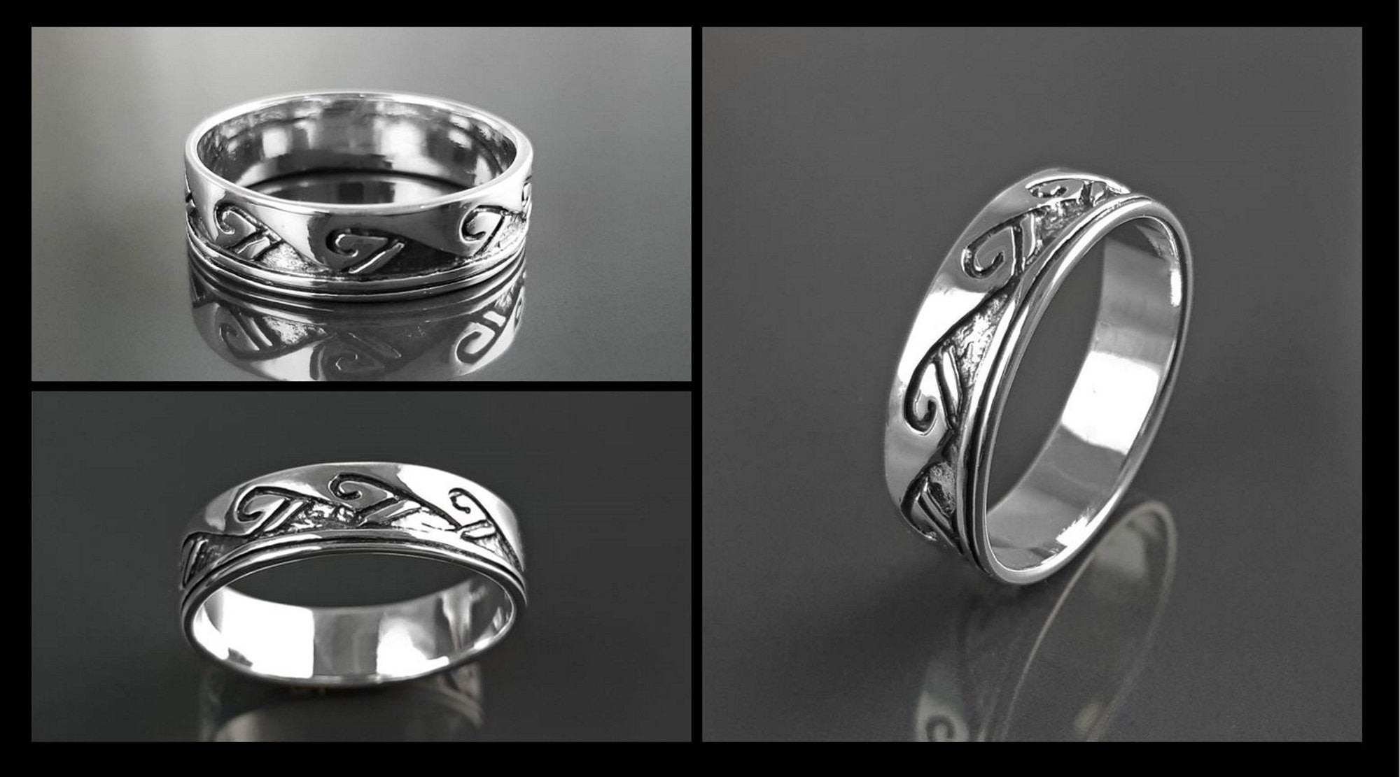Tribal Wave Ring, Sterling Silver, Surfer Beach Band, Carved Ocean Waves Pattern, Unique Ocean Jewelry, Unisex ring
