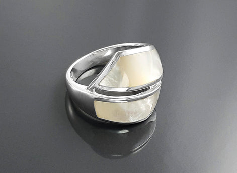 Bypass Ring, Sterling Silver, Shell Pearl Gemstone Crossing Ring, Designer, Geometric Flat Stone Ring, Square Modern Jewelry, Unique Ring