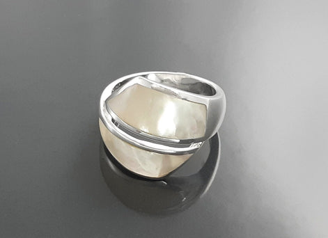 Bypass Ring, Sterling Silver, Shell Pearl Gemstone Crossing Ring, Designer, Geometric Flat Stone Ring, Square Modern Jewelry, Unique Ring