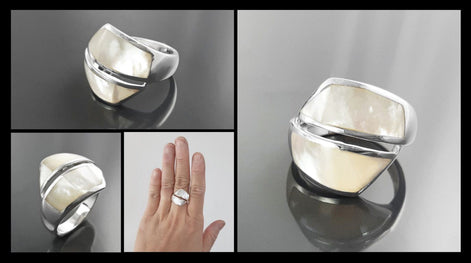 Bypass Ring, Sterling Silver, Shell Pearl Gemstone Crossing Ring, Designer, Geometric Flat Stone Ring, Square Modern Jewelry, Unique Ring