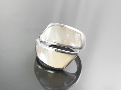Bypass Ring, Sterling Silver, Shell Pearl Gemstone Crossing Ring, Designer, Geometric Flat Stone Ring, Square Modern Jewelry, Unique Ring
