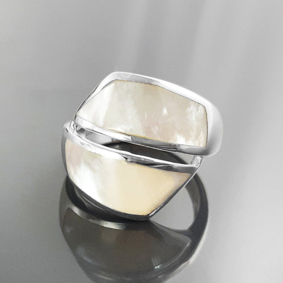 Bypass Ring, Sterling Silver, Shell Pearl Gemstone Crossing Ring, Designer, Geometric Flat Stone Ring, Square Modern Jewelry, Unique Ring