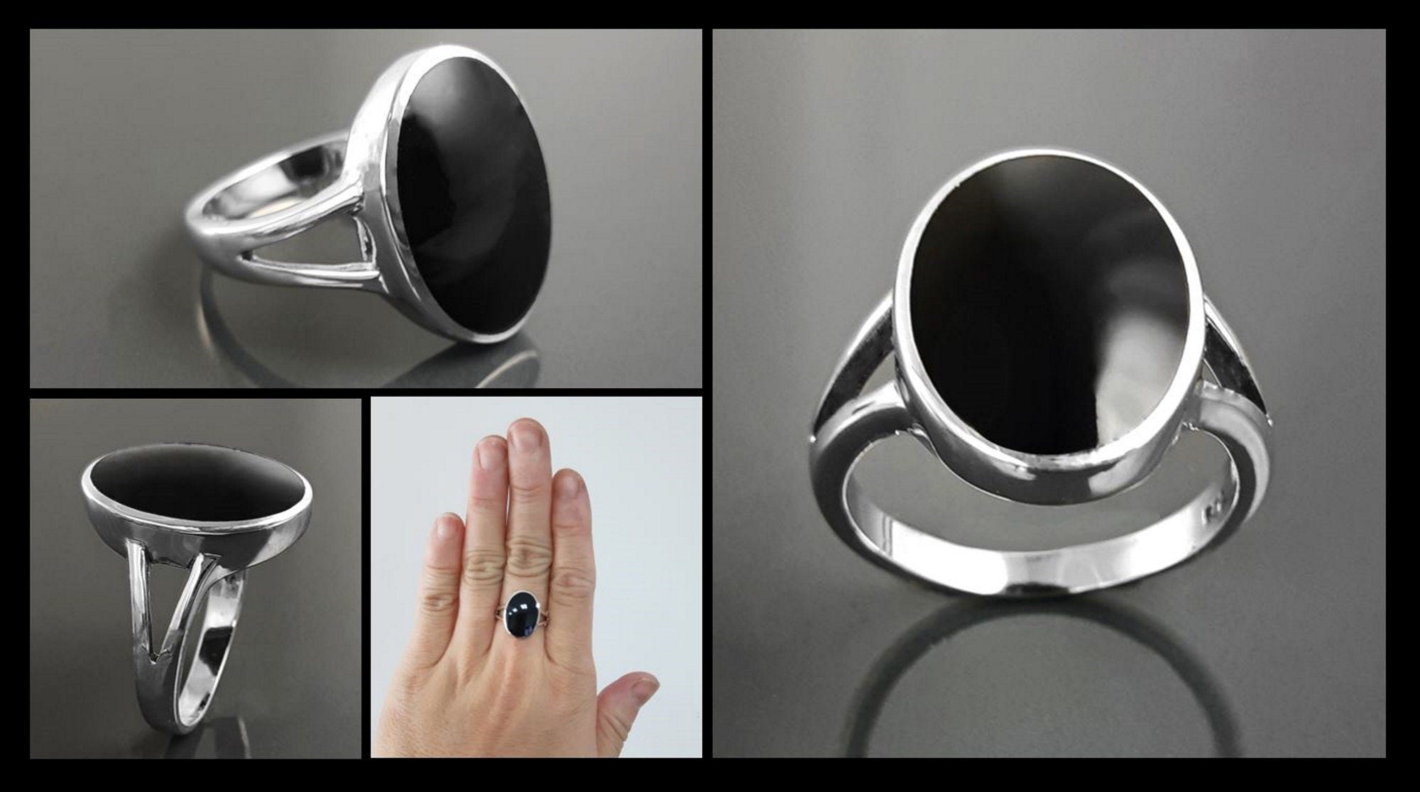 925 Oval Black Ring, Sterling Silver Ring Flat Oval Stone, Genuine Onyx Gemstone, Small Everyday Ring, Modern Ring, Minimalist Ring