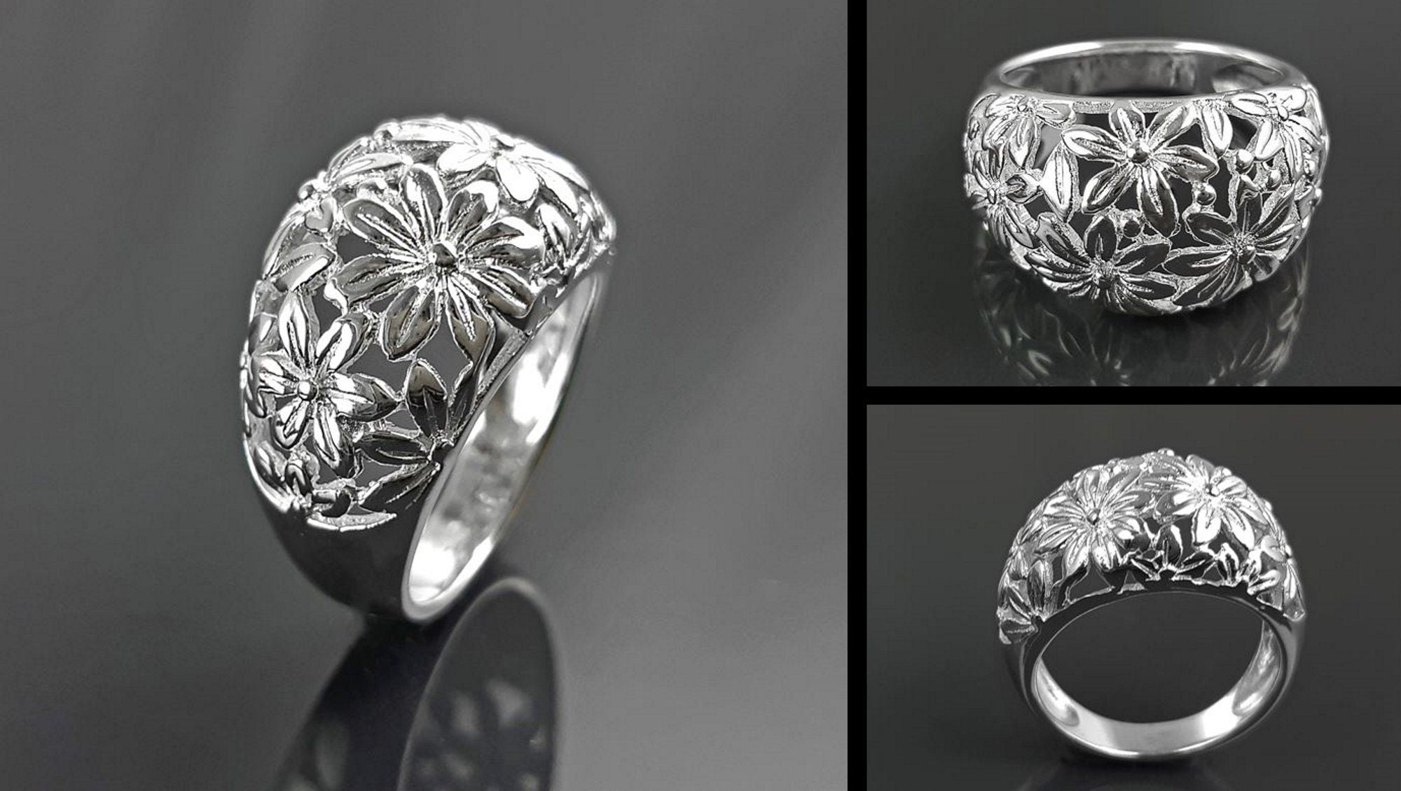 Daisy Flower Ring, Sterling Silver, Daisies Country Flowers Filigree Ring, Blossom Floral, Spring Summer Bloom Ring, Nature Jewelry