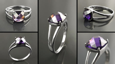 Multiple Views of Purple Stone Ring, Sterling Silver, Purple Amethyst Color Faceted Square Stone (CZ), Modern Minimalist Square Solitaire, Jewelry gift for woman