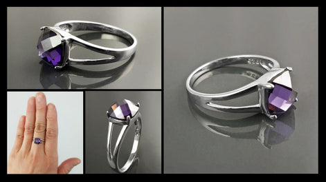 Multiple Views of Purple Stone Ring, Sterling Silver, Purple Amethyst Color Faceted Square Stone (CZ), Modern Minimalist Square Solitaire, Jewelry gift for woman