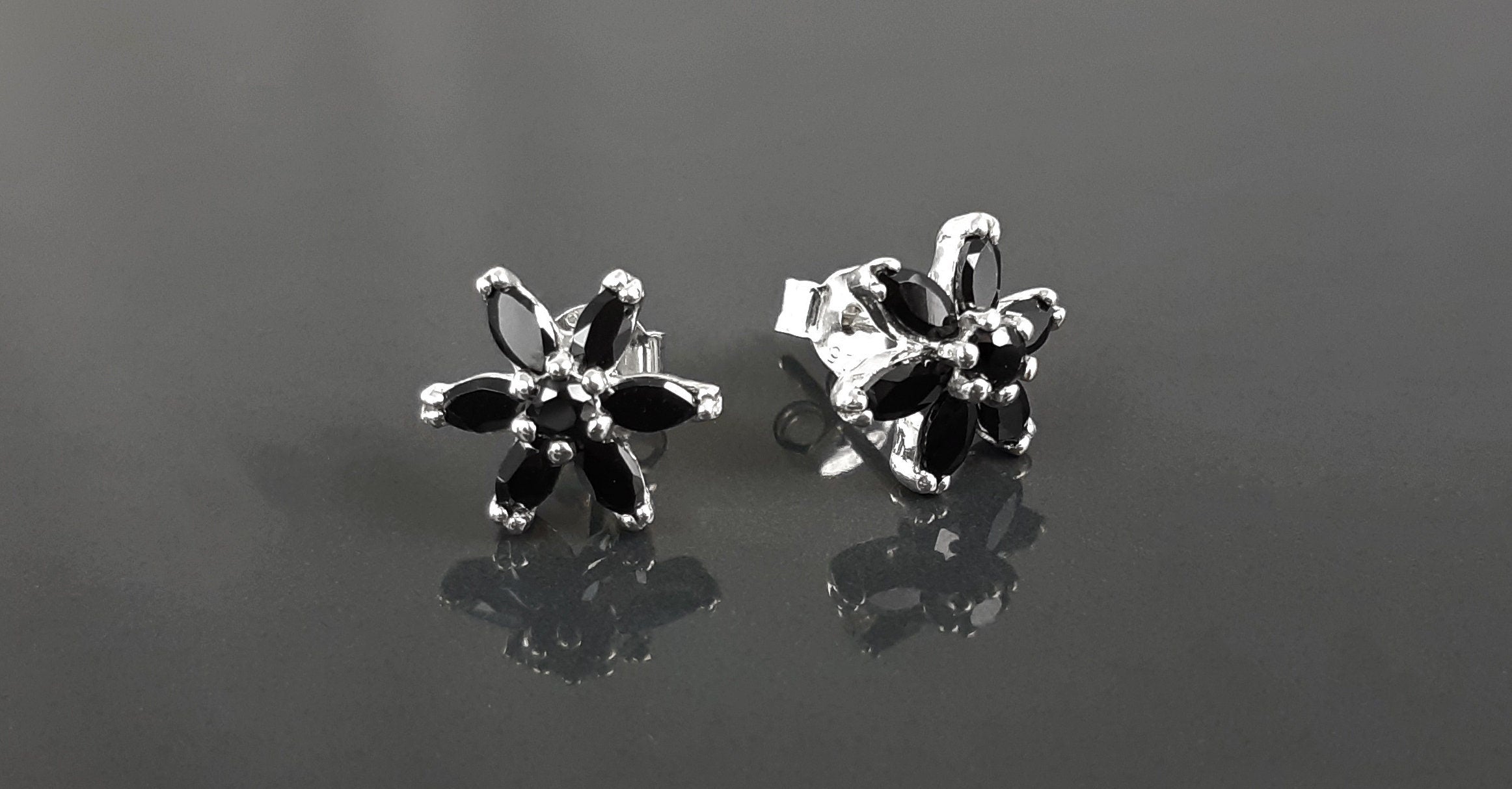 Black Classic Flower Stud Earrings, Sterling Silver Dainty Flowers Earrings, Black Cubic Zircons, Tiny Floral Flower jewelry, Gift for her