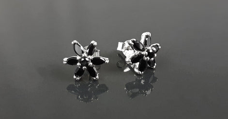 Black Classic Flower Stud Earrings, Sterling Silver Dainty Flowers Earrings, Black Cubic Zircons, Tiny Floral Flower jewelry, Gift for her