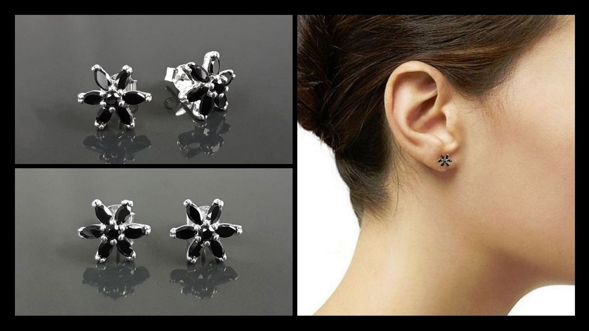 Black Classic Flower Stud Earrings, Sterling Silver Dainty Flowers Earrings, Black Cubic Zircons, Tiny Floral Flower jewelry, Gift for her