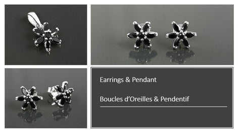 Black Classic Flower Stud Earrings, Sterling Silver Dainty Flowers Earrings, Black Cubic Zircons, Tiny Floral Flower jewelry, Gift for her