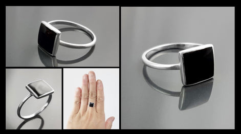 Black Onyx Ring, Stacking Ring 925 Sterling Ring - Square Ring - Minimalist Ring - Affordable Ring - Black Stone Ring - Dainty Silver Ring.