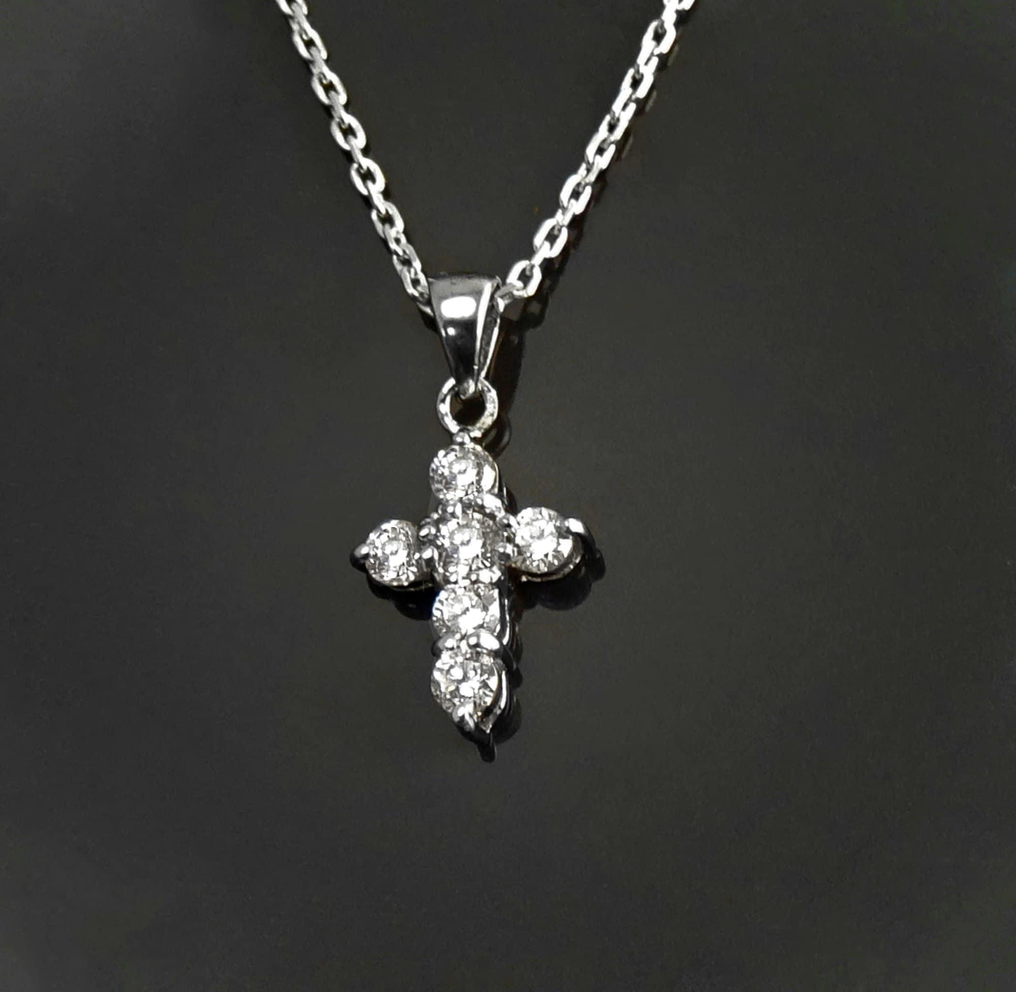 Sterling Silver Cross Pendant, CZ Stones, Dainty Christian Jewelry