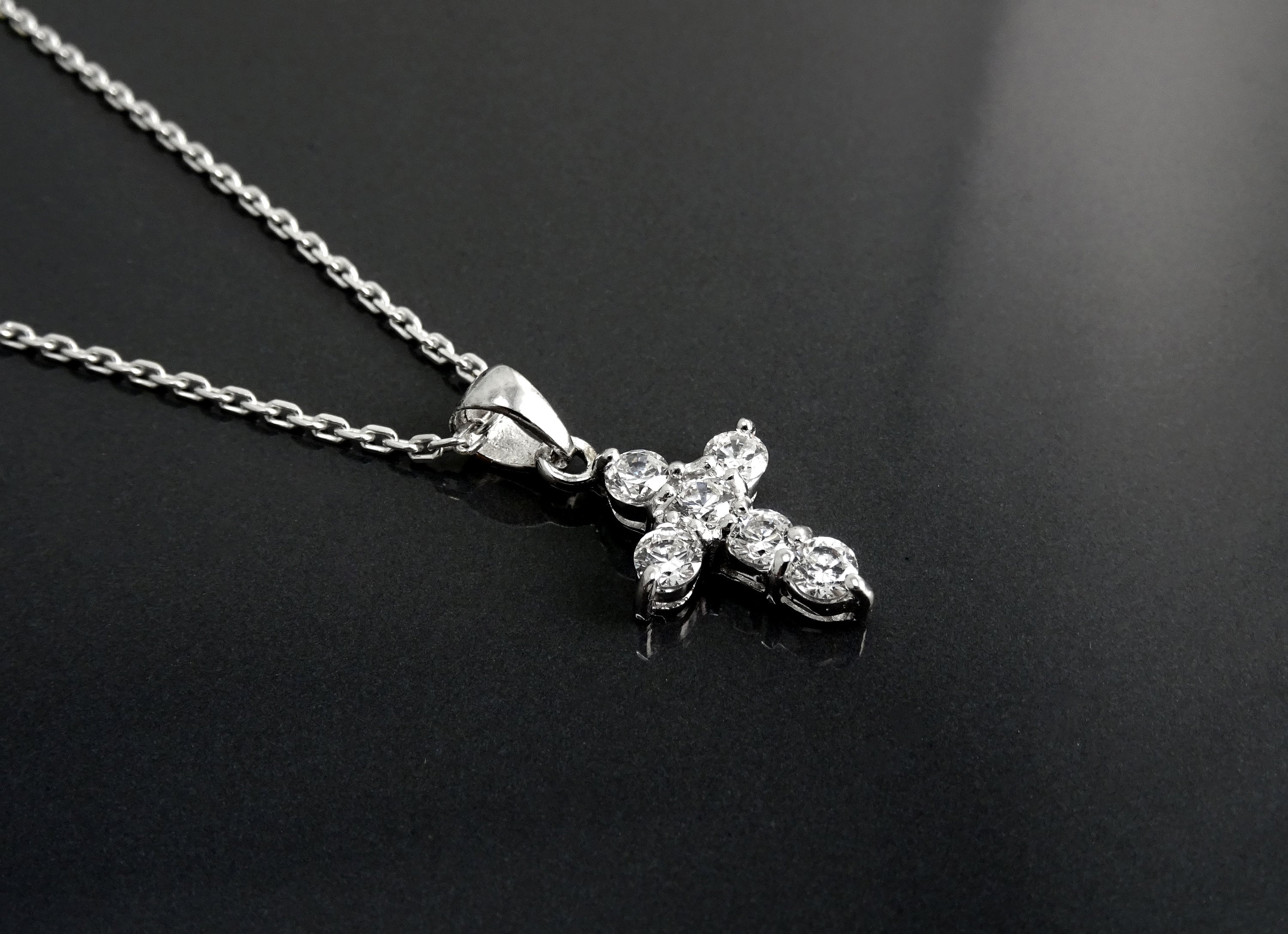 Sterling Silver Cross Pendant, CZ Stones, Dainty Christian Jewelry