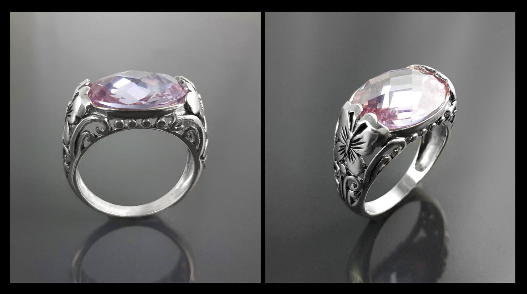 Ring 925 Sterling Silver Butterflies, Horizontal Band, Pink Lilac Amethyst Color Lab Stone (CZ) , Butterfly Ring, XL size