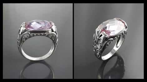 Ring 925 Sterling Silver Butterflies, Horizontal Band, Pink Lilac Amethyst Color Lab Stone (CZ) , Butterfly Ring, XL size