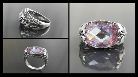 Ring 925 Sterling Silver Butterflies, Horizontal Band, Pink Lilac Amethyst Color Lab Stone (CZ) , Butterfly Ring, XL size