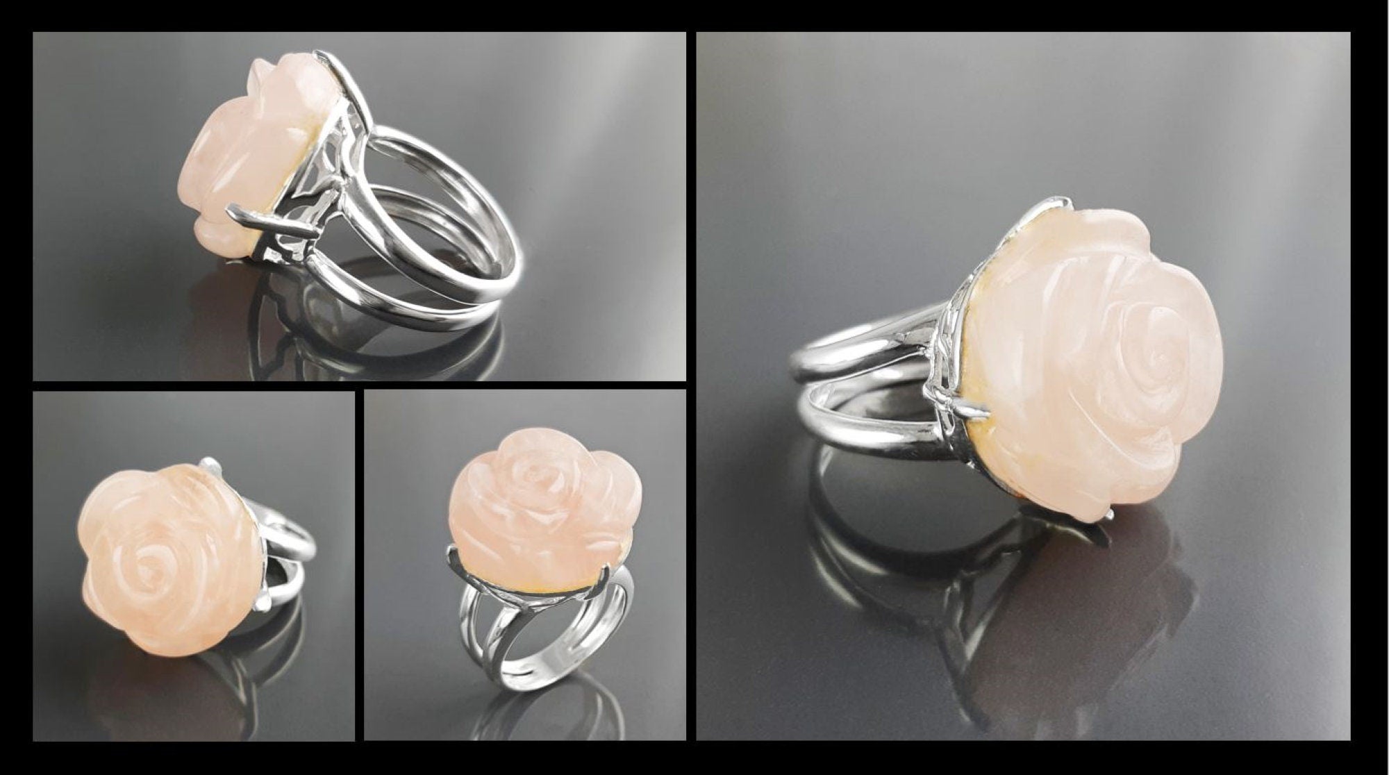 Rose Ring Sterling Silver 925, engraved stone, NATURAL Rose Quartz Gemstone jewelry, Rose flower, Floral design, Birthstone Ring