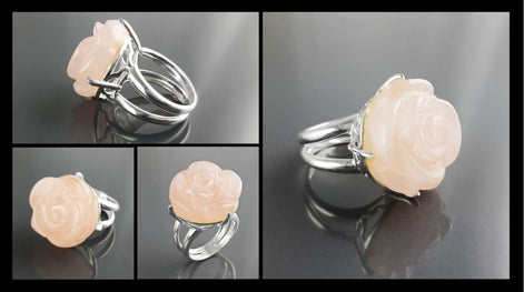 Rose Ring Sterling Silver 925, engraved stone, NATURAL Rose Quartz Gemstone jewelry, Rose flower, Floral design, Birthstone Ring