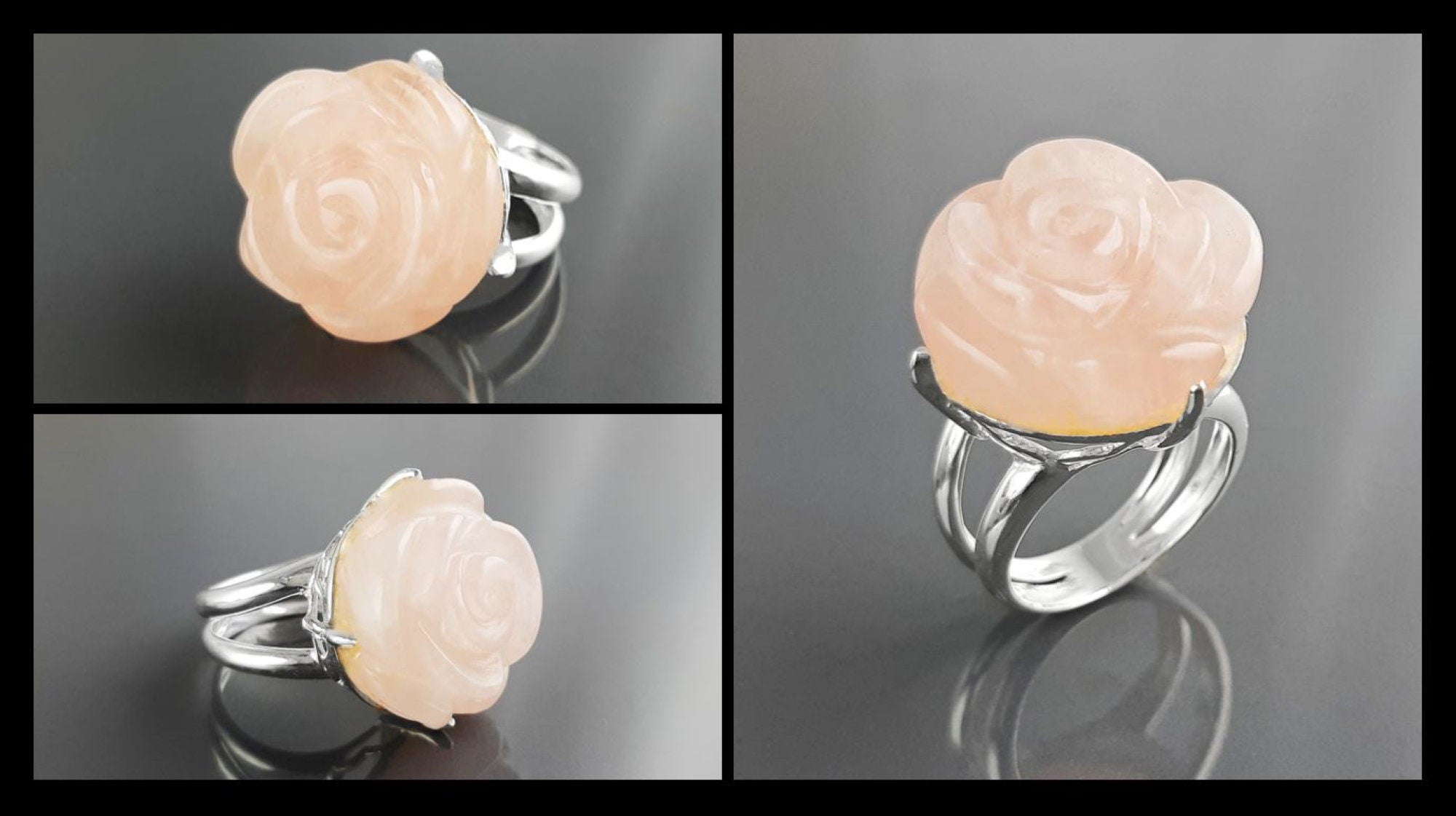Rose Ring Sterling Silver 925, engraved stone, NATURAL Rose Quartz Gemstone jewelry, Rose flower, Floral design, Birthstone Ring