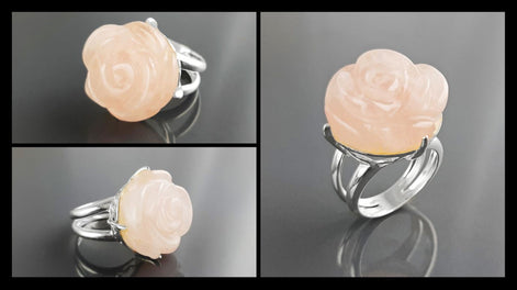 Rose Ring Sterling Silver 925, engraved stone, NATURAL Rose Quartz Gemstone jewelry, Rose flower, Floral design, Birthstone Ring