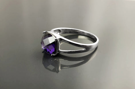 Purple Stone Ring, Sterling Silver, Purple Amethyst Color Faceted Square Stone (CZ), Modern Minimalist Square Solitaire, Jewelry gift for woman