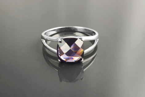 Purple Stone Ring, Sterling Silver, Purple Amethyst Color Faceted Square Stone (CZ), Modern Minimalist Square Solitaire, Jewelry gift for woman
