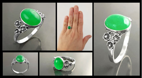 Jade ring, sterling silver, genuine Natural green jade oval stone, dainty small green gemstone jewelry, comfortable vintage style