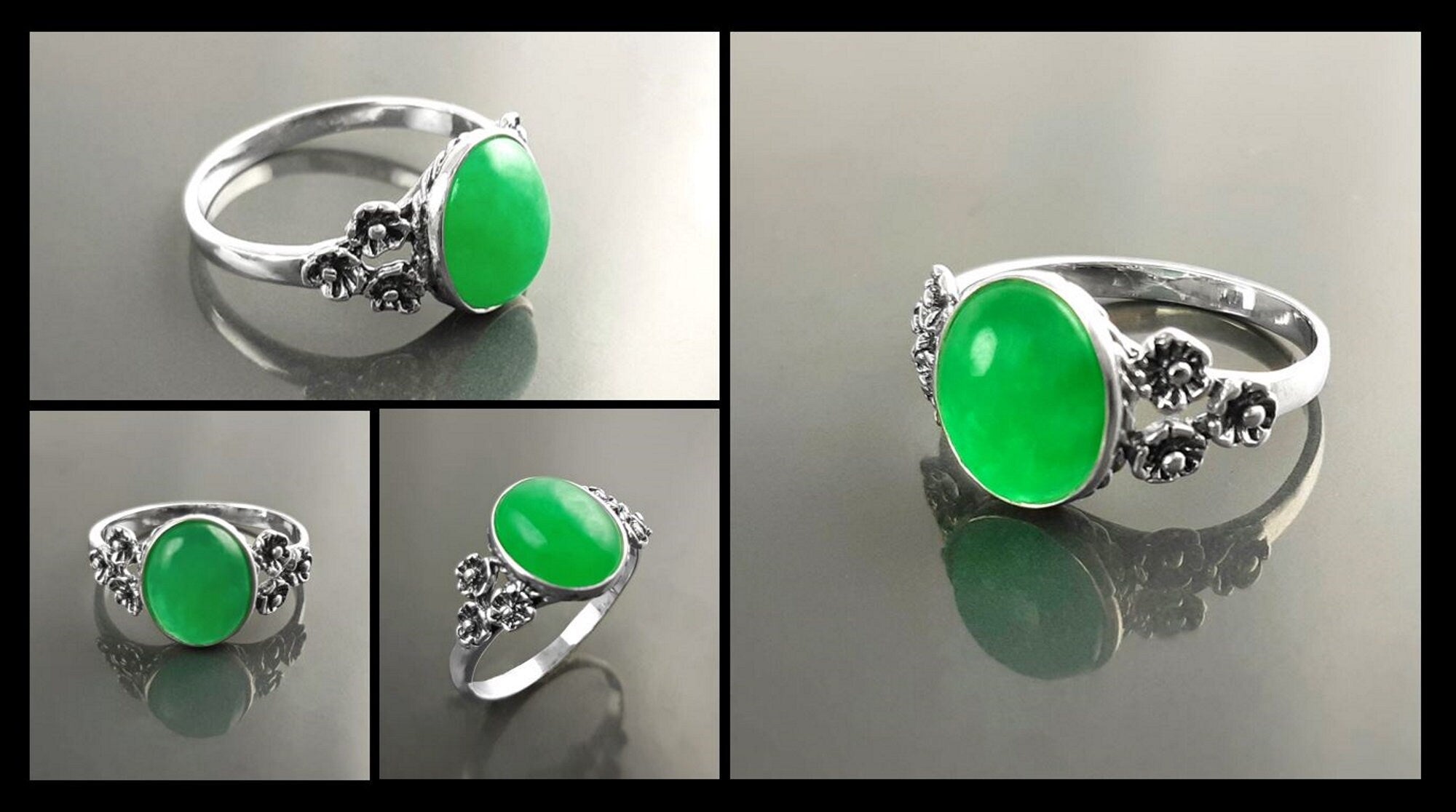 Jade ring, sterling silver, genuine Natural green jade oval stone, dainty small green gemstone jewelry, comfortable vintage style
