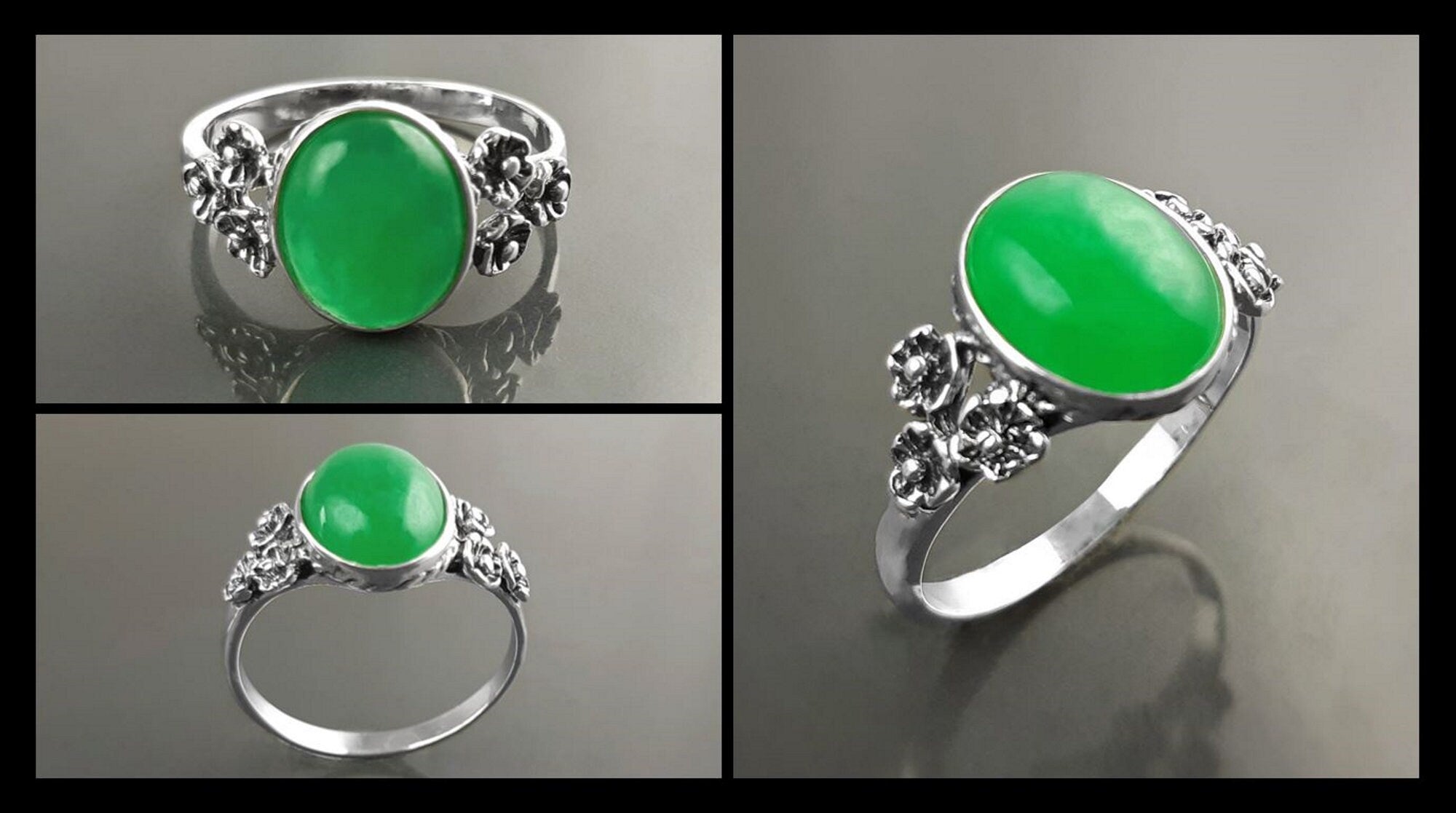 Jade ring, sterling silver, genuine Natural green jade oval stone, dainty small green gemstone jewelry, comfortable vintage style