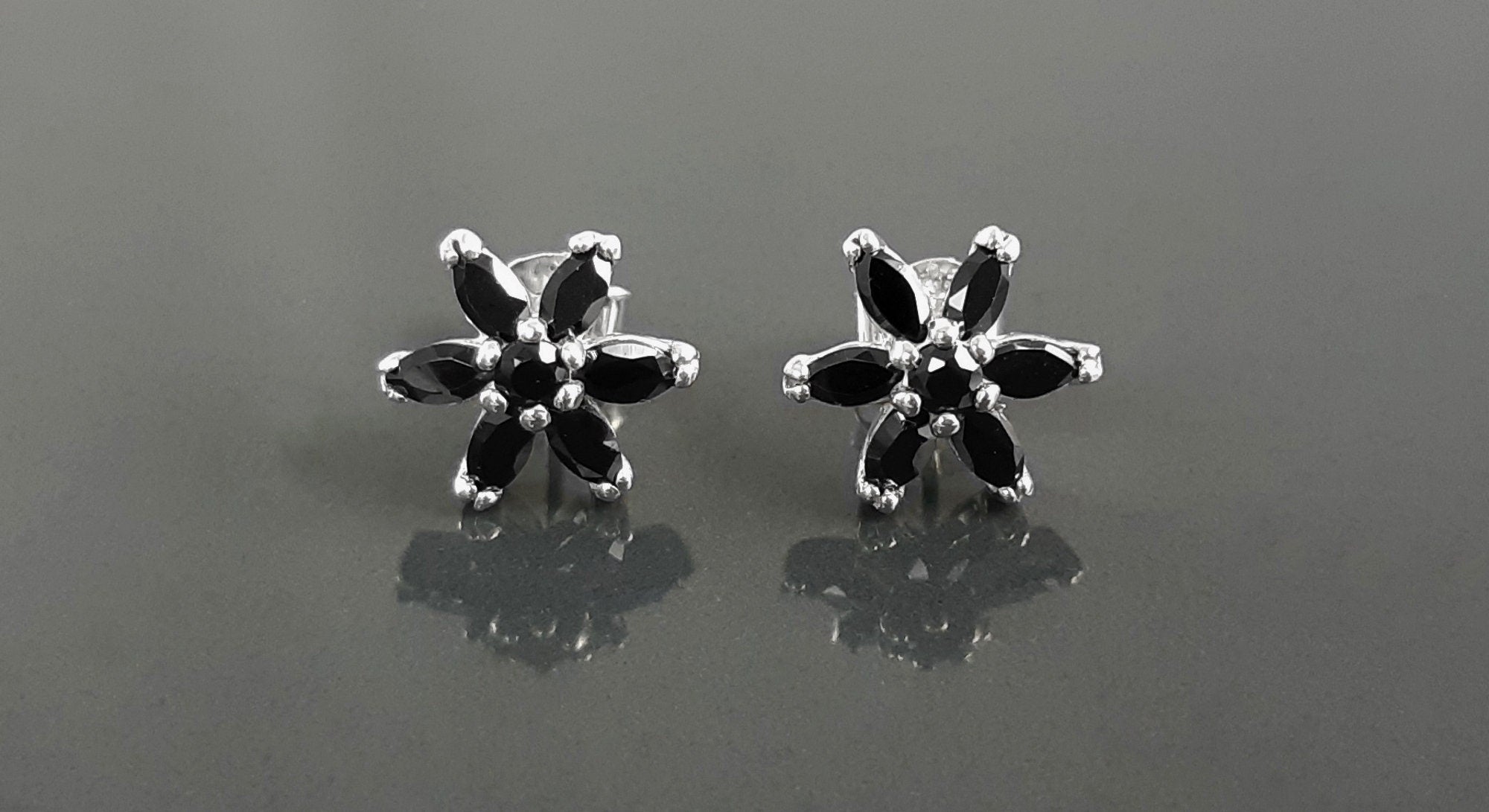 Black Classic Flower Stud Earrings, Sterling Silver Dainty Flowers Earrings, Black Cubic Zircons, Tiny Floral Flower jewelry, Gift for her