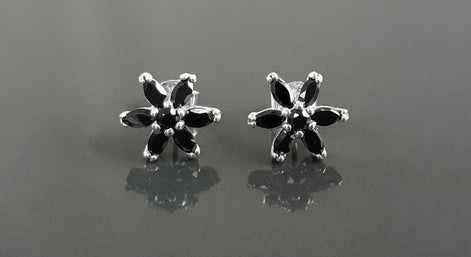 Black Classic Flower Stud Earrings, Sterling Silver Dainty Flowers Earrings, Black Cubic Zircons, Tiny Floral Flower jewelry, Gift for her