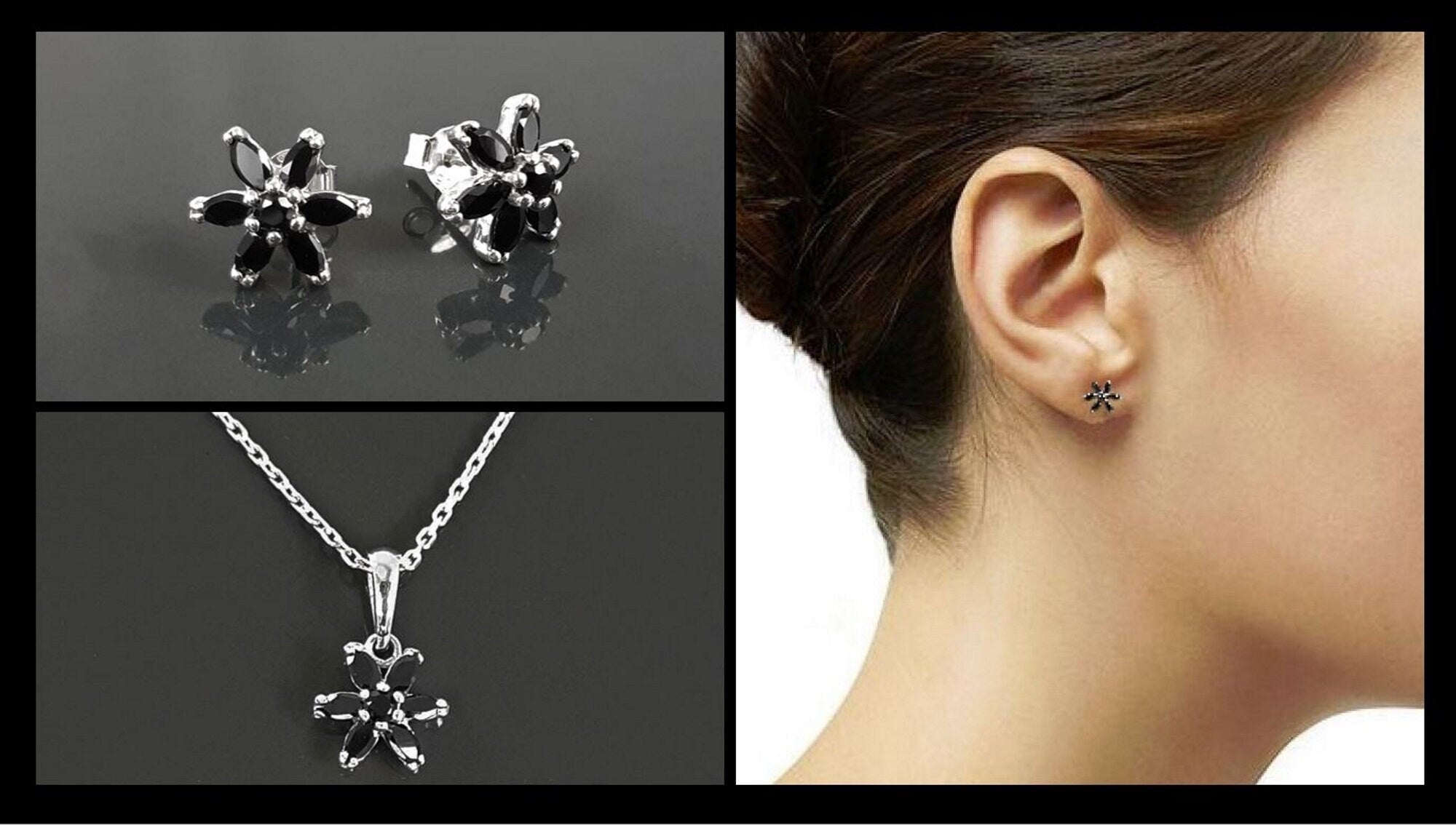 Black Classic Flower Stud Earrings, Sterling Silver Dainty Flowers Earrings, Black Cubic Zircons, Tiny Floral Flower jewelry, Gift for her