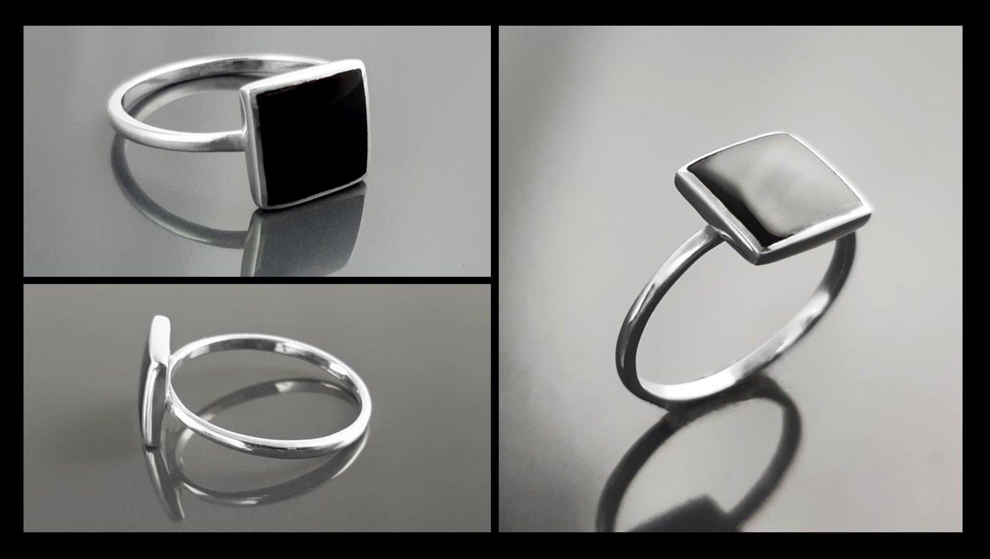 Black Onyx Ring, Stacking Ring 925 Sterling Ring - Square Ring - Minimalist Ring - Affordable Ring - Black Stone Ring - Dainty Silver Ring.