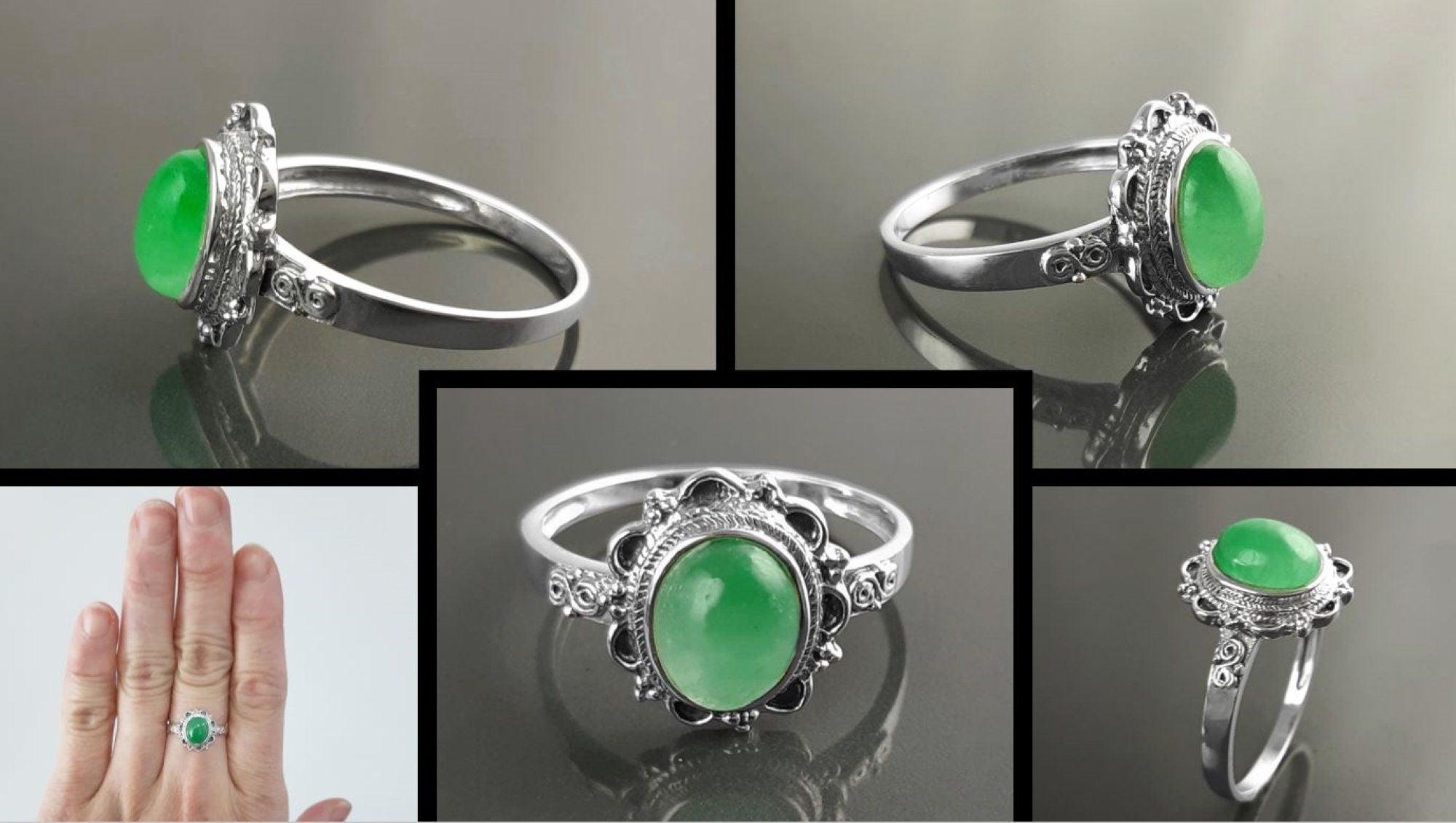 multiviews
Material: sterling silver
Stone: jade
Color: silver and vivid green
Style: vintage-inspired, feminine, boho, elegant
Design details: oval jade cabochon, ornate halo-style frame, decorative sterling silver detailing, slim band, sculptural top
Best for: everyday wear, gifting, vintage jewelry lovers, jade lovers, boho styling, birthdays, anniversaries, Mother’s Day